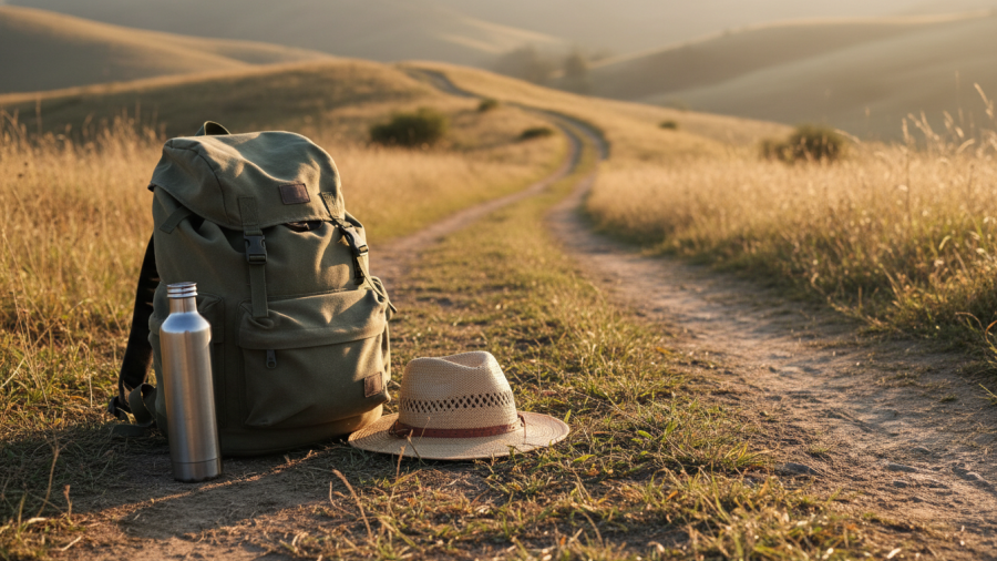 Ready for adventure at Hidden Falls Regional Park trailhead, with a backpack and gear.