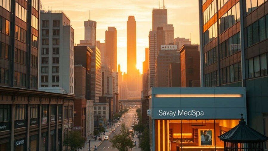 Golden hour cityscape featuring a new MedSpa, symbolizing growth in the Spa and Wellness Industry.