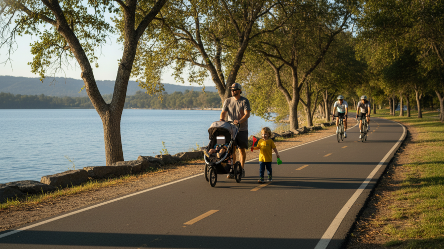 Family-friendly paved trail by Lake Natoma, perfect for strollers and kayaking.