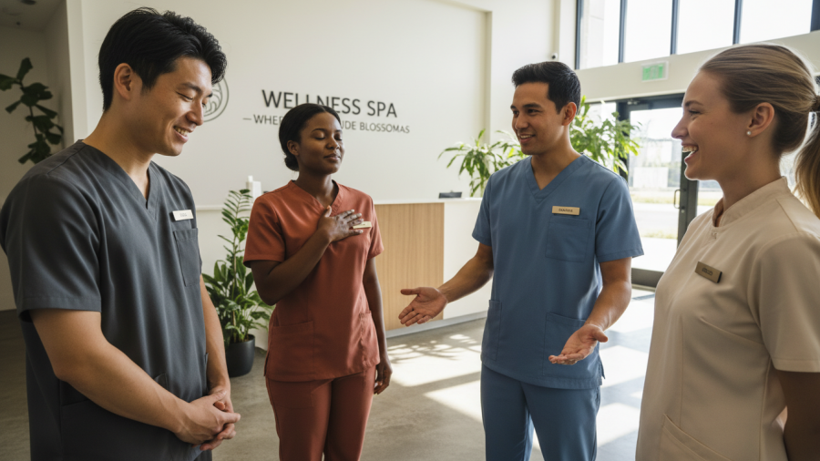 Diverse male and female spa staff showcasing gratitude, enhancing client experience.