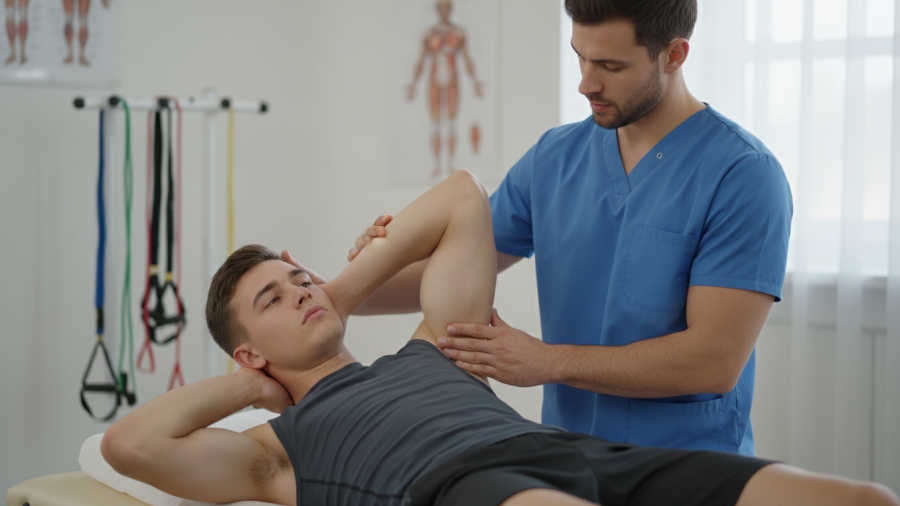 Therapist assisting young athlete with shoulder mobility for injury recovery.