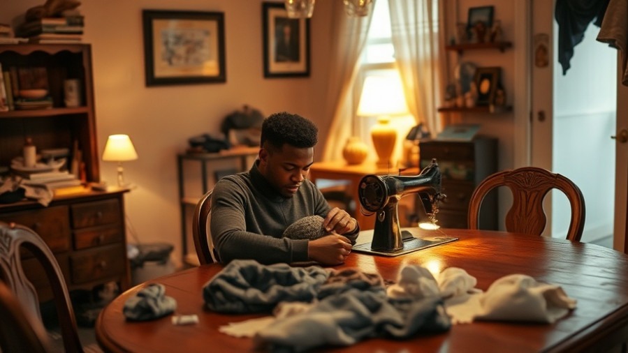 Young entrepreneur sewing in a cozy home, embodying leadership lessons for spa owners.