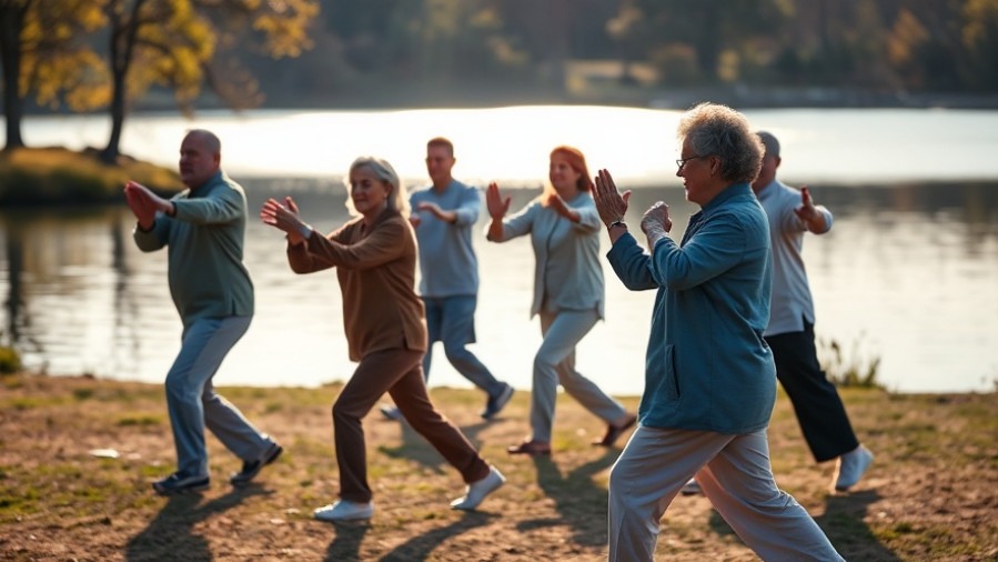 Adults practicing tai chi in Southside Park, enhancing balance and promoting bone health.