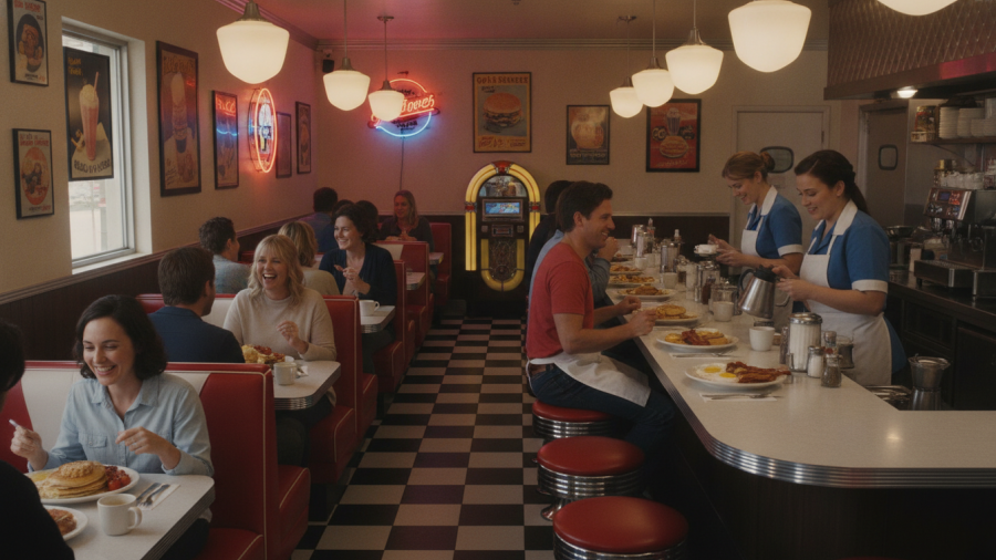 Friendly patrons enjoying classic breakfast at a retro diner in Sacramento.