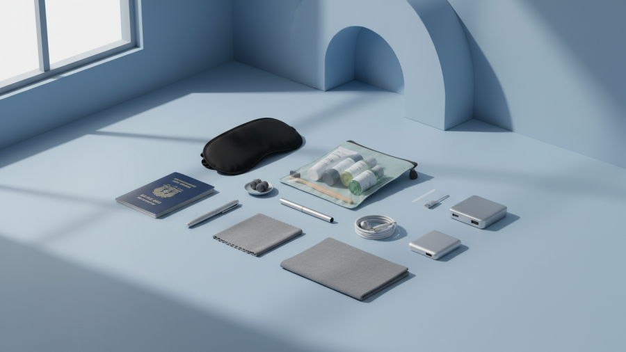 Sustainable airline amenity kits displayed on a blue surface, emphasizing eco-friendly design.