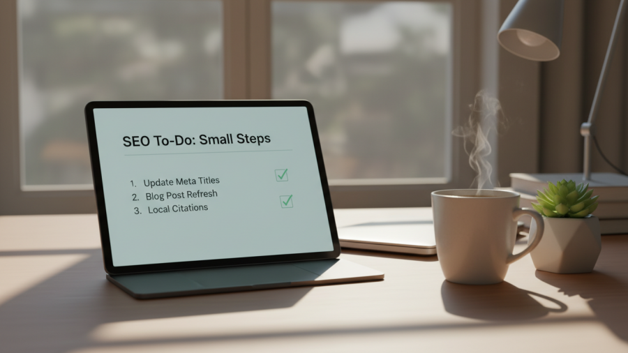 Calming workspace showcasing SEO strategies with checklist and inviting atmosphere.