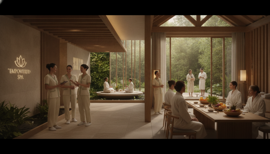 Empowered employees in a spa showcasing leadership transformation and accountability culture.