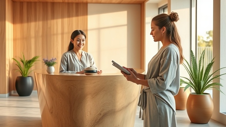 Modern spa reception with welcoming concierge and relaxed guest, embodying tranquility.