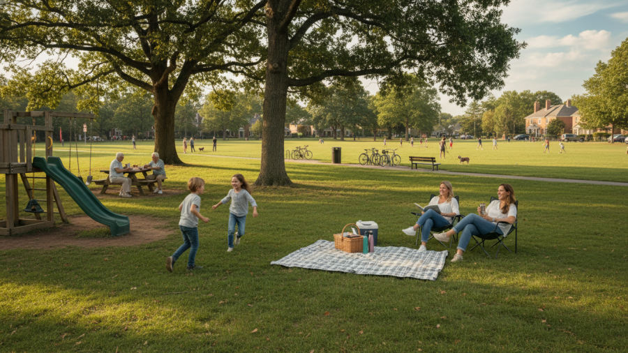 Family enjoying Oki Park Sacramento, with kids playing and parents relaxing.