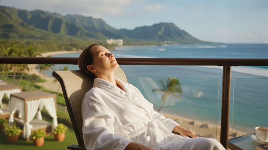 Serene woman at Ritz Carlton Waikiki Spa Retreat, basking in sun on a balcony.