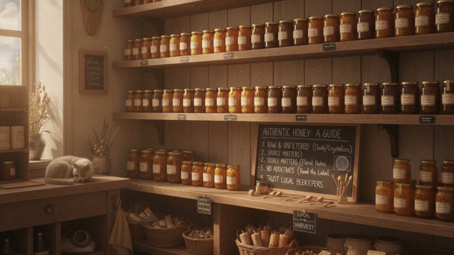 Authentic raw honey jars on shelves in a cozy shop for easy selection.