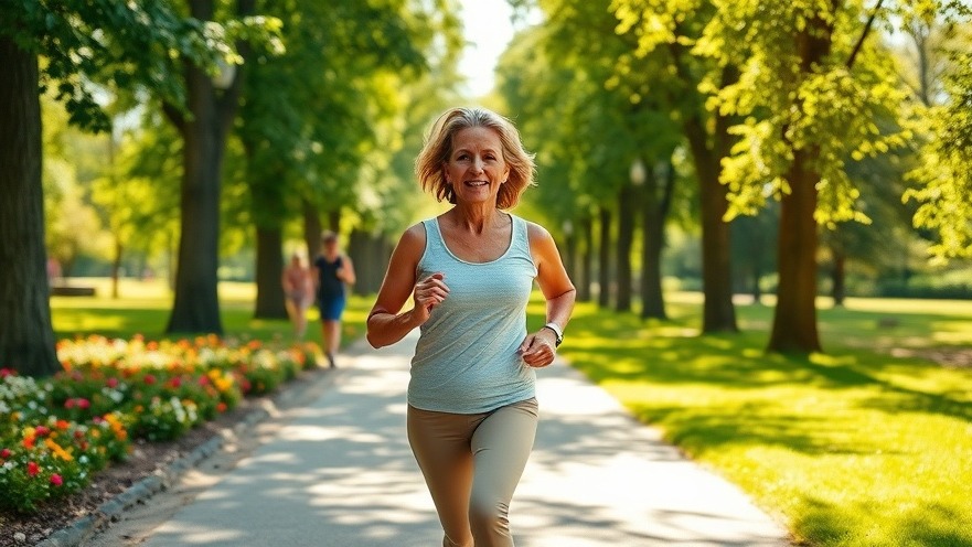 Middle-aged woman jogging in a park, embracing endurance training and women's health.