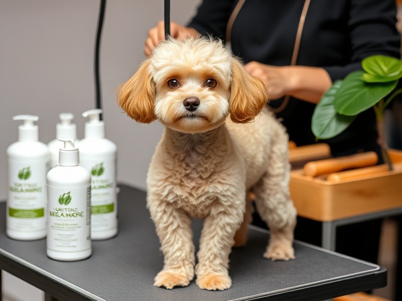 Miniature poodle on grooming table with eco-friendly products and calming greenery.