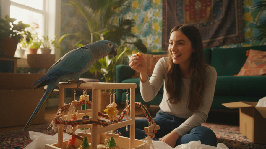 Curious Amazon parrot on play gym, illustrating bringing home a parrot in Sacramento.