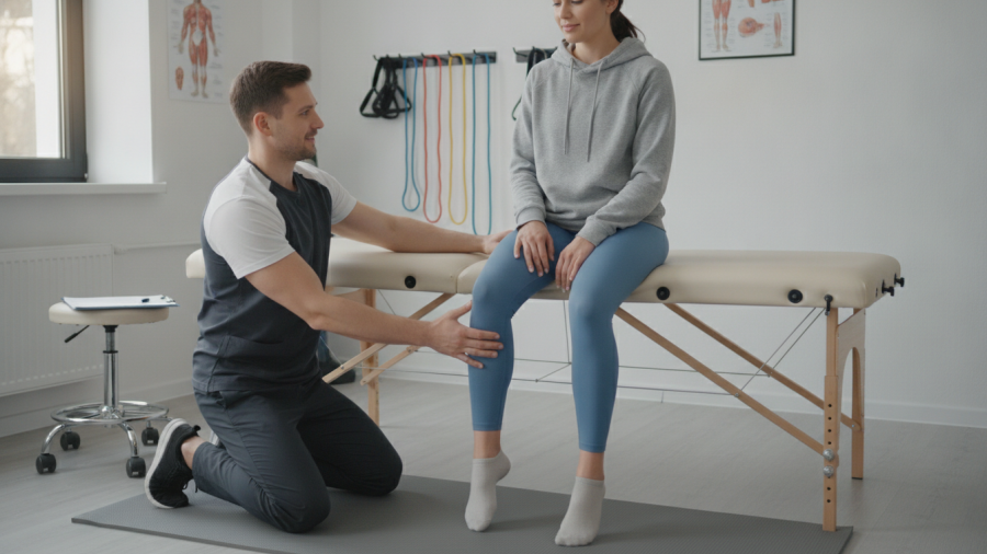 Physical therapist guiding patient in mobility stretch, fostering trust and communication.