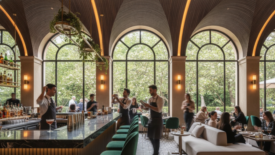 Stylish live fire dining in Sacramento, vibrant decor with arched ceilings.