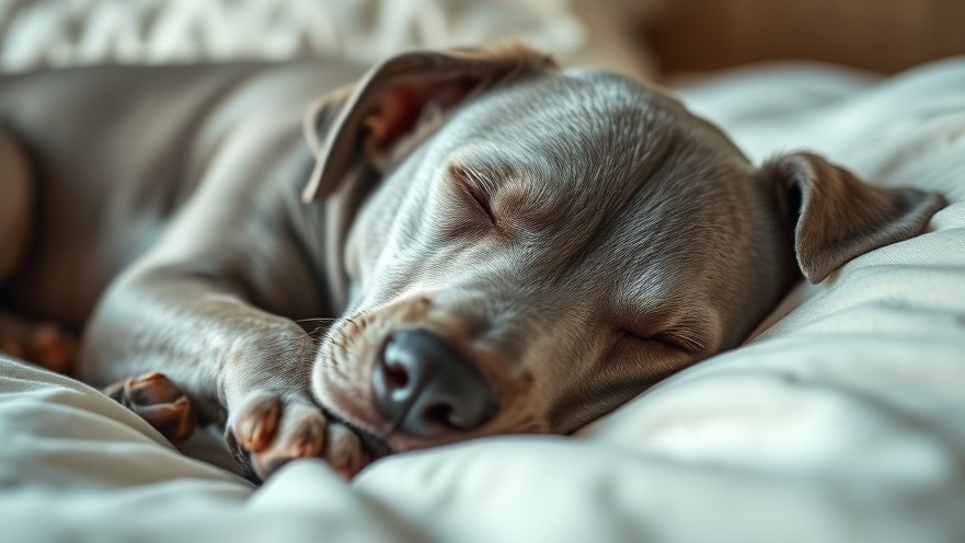 Relaxed gray dog peacefully sleeping on bed, chronic fatigue.