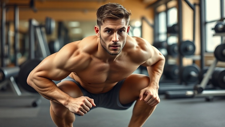 Athletic male performing squats in a gym, showcasing effective workouts with minimal equipment.