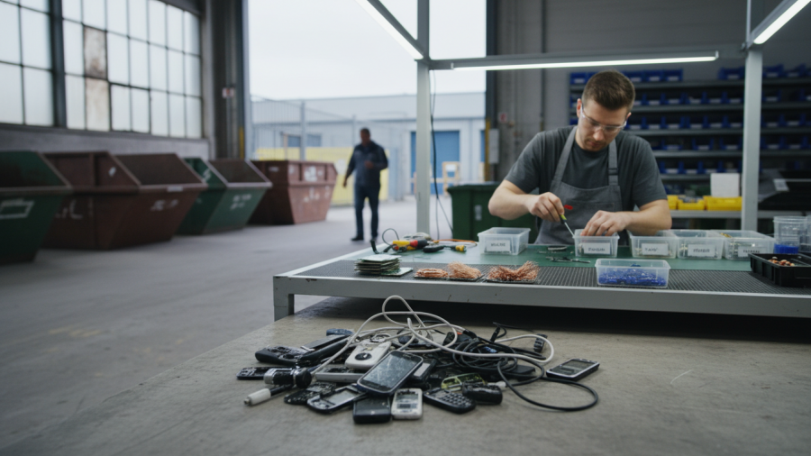 Realistic view of an electronics recycling area with discarded old iPhones, highlighting safe recycling importance.