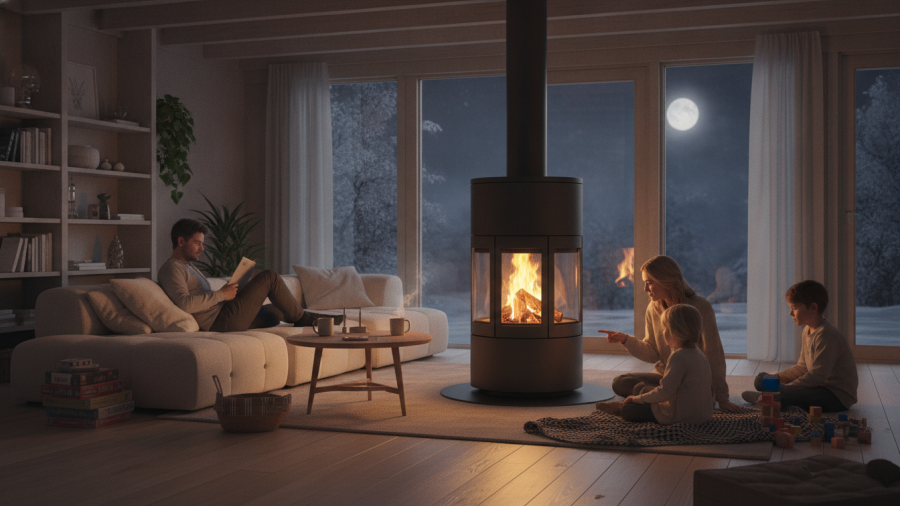 Family enjoying time by a freestanding rotating fireplace in a modern Sacramento home.