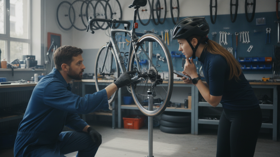 Sacramento cycling experts diagnosing a bike problem in a workshop.