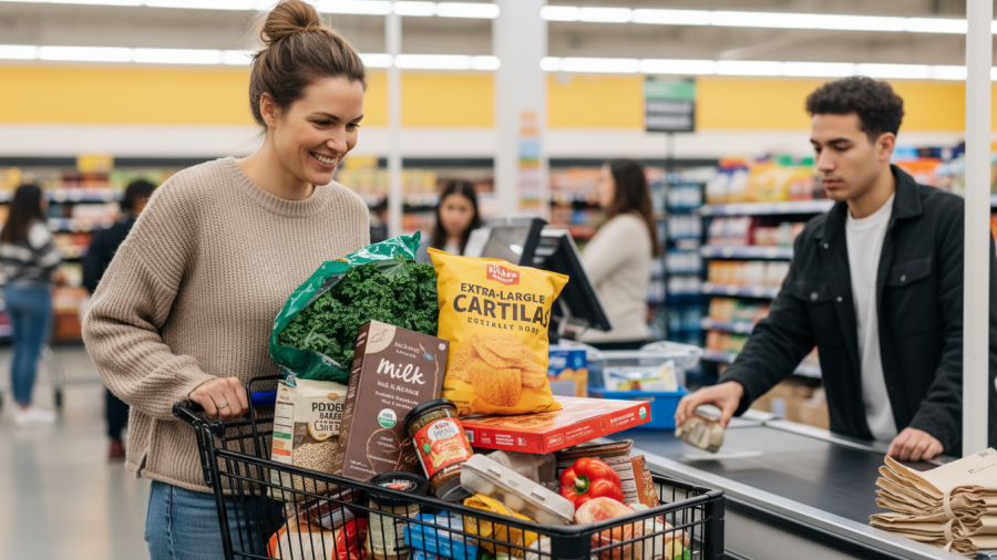 A vibrant grocery cart filled with colorful fruits and vegetables showcasing the health benefits of a rainbow diet.