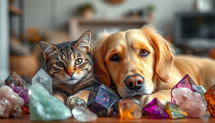 Crystal healing for pets with a dog and cat surrounded by crystals.