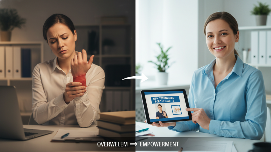 Therapist's journey from overwhelm to empowerment: soothing sore wrist vs. engaging training video.