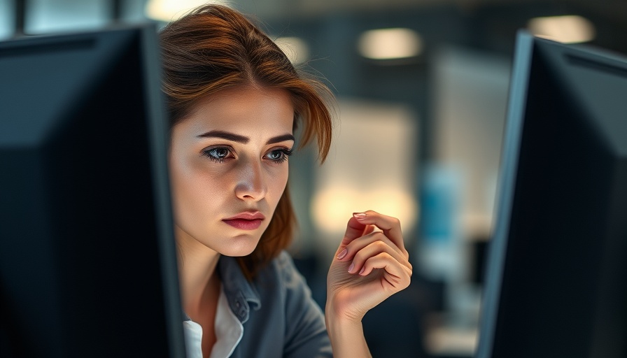 Focused woman leader working on computer, conveying fear of irrelevance.