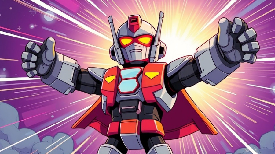 Dynamic cartoon robot superhero expressing victory, showcasing emotional storytelling in marketing.
