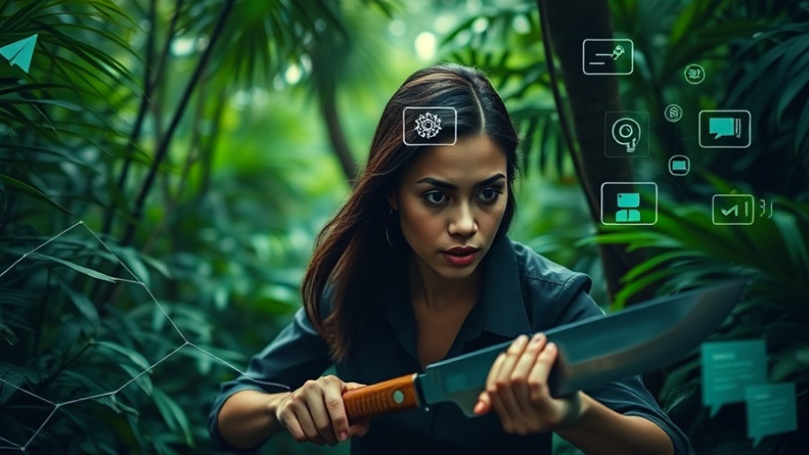 Businesswoman navigates AI strategies with digital jungle backdrop.
