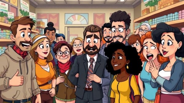 Humorous animated scene of people gesturing theatrically in a store.