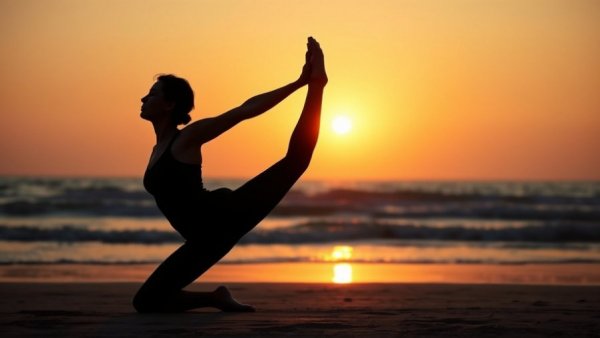 Mindful stretching on the beach at sunrise for body awareness.