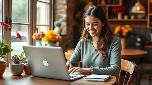 Woman working on laptop in cafe, relevant for Best Social Media Management Tools for SMBs.