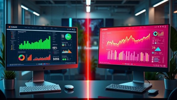 Futuristic setup showing differences between content marketing and marketing automation platforms.
