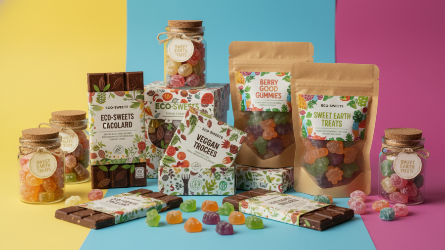 Vibrant eco-friendly candy packages showcasing sustainable candy, bright and colorful.