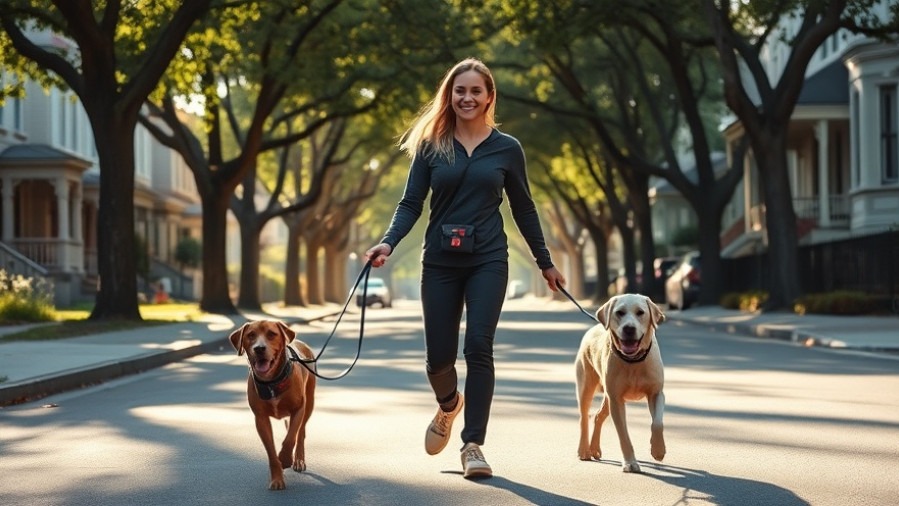 Professional dog walker in Midtown Sacramento with happy dogs on a sunny morning.