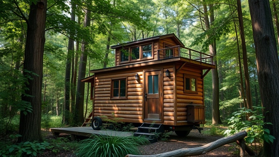 Rustic tiny house truck in a forest, showcasing sustainable tiny house living.