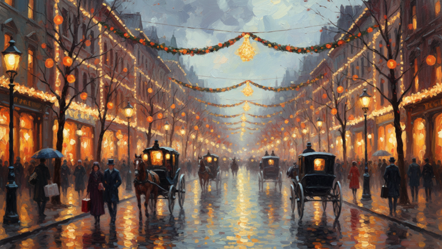 Impressionist painting of B Street Theatre Sacramento holiday traditions with vibrant festive lights.