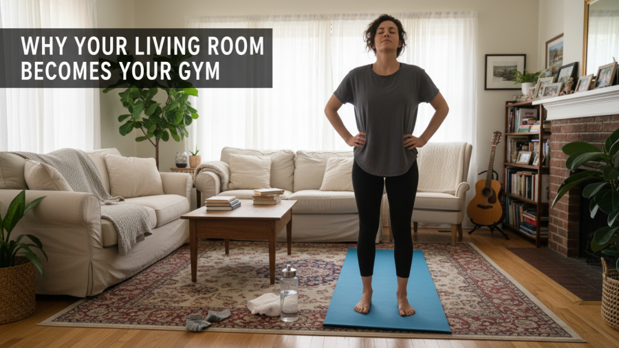Cozy home living room set for bodyweight exercises and home fitness routines.