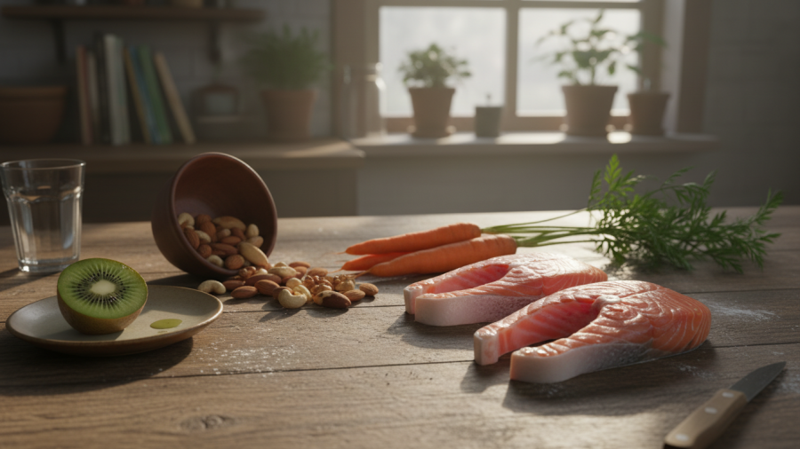 Whole foods for healthy living: vibrant salmon, kiwi, nuts, and carrots.