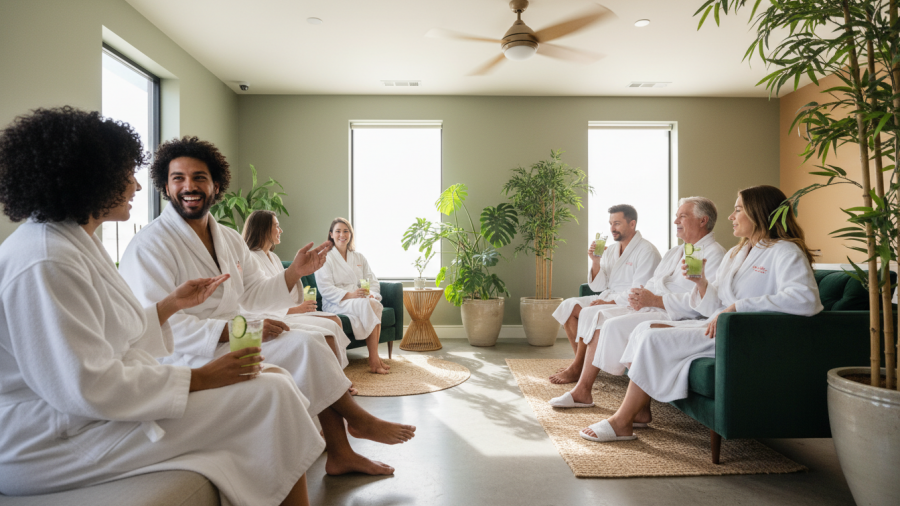 Peaceful spa waiting area with clients relaxing, capturing client trust built through spa instagram marketing.