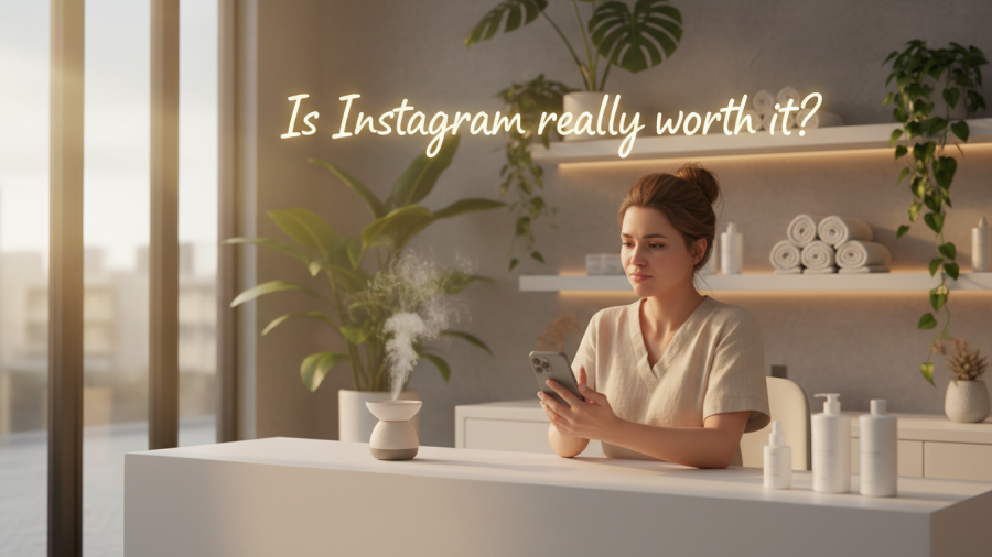 Calm spa reception at sunset with owner in scrubs considering Instagram's value.