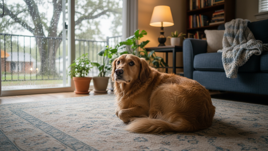  Golden retriever seeking comfort indoors, highlighting tryptophan benefits for dogs.