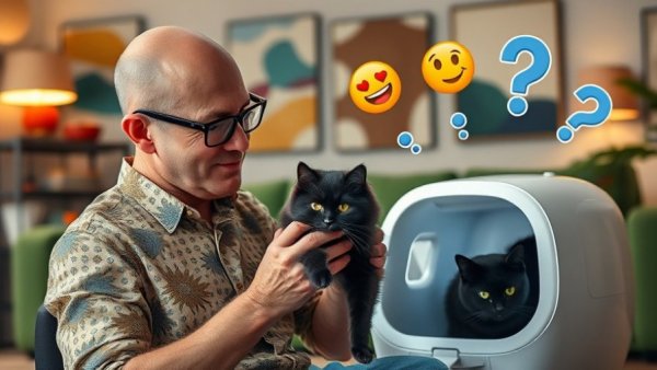 Man with cat and Litter Robot 5 Pro in cozy living room.