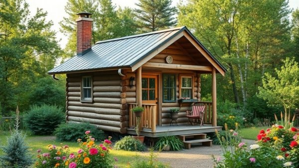 Off-grid living in a charming tiny house with lush garden.