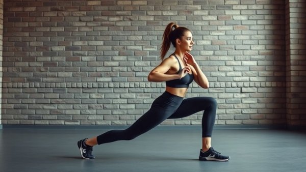 Woman demonstrating side lunge form indoors.