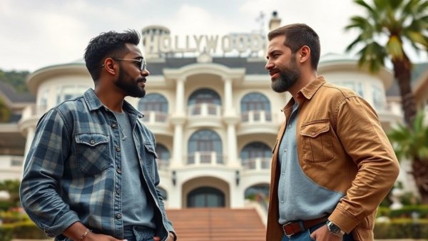 Casual conversation in Beverly Hills in front of luxury mansion.