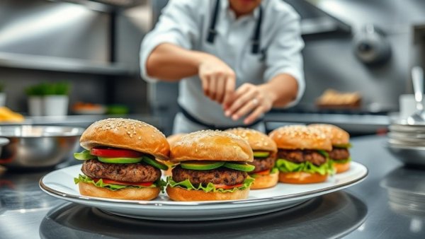 Sacramento vegan burger business prepares fresh burgers in modern kitchen.