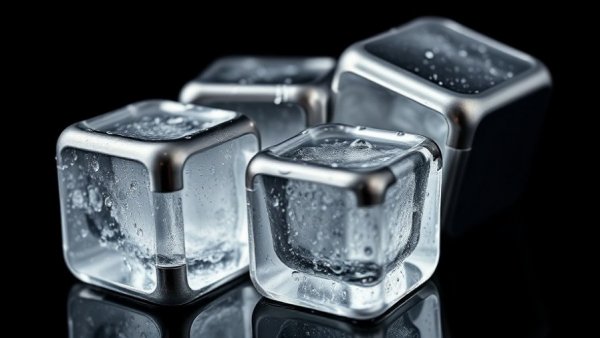 Close-up of reusable ice cubes with droplets against black background.